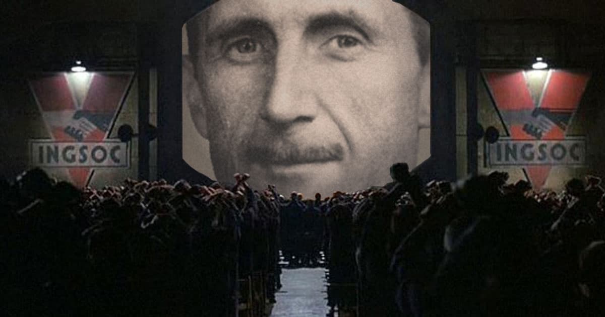 George Orwell's face replacing that of Big Brother's in a still from the 1984 movie